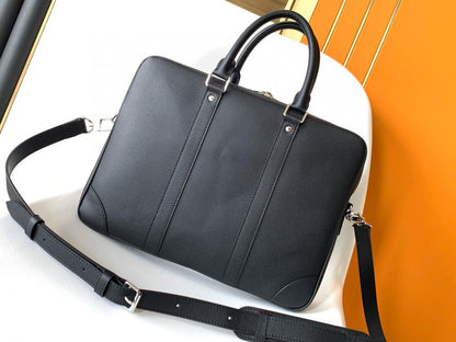 LV Porte-Documents Voyage PM Handbag Black Taiga leather