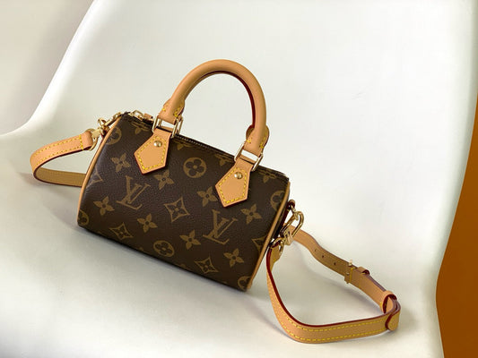 LV Nano Speedy Bag Brown mix Gold Canvas Leather