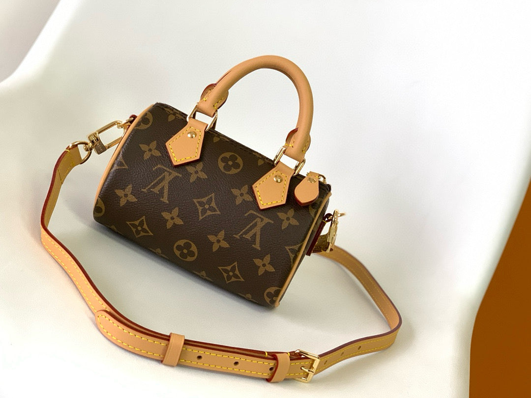 LV Nano Speedy Bag Brown mix Gold Canvas Leather