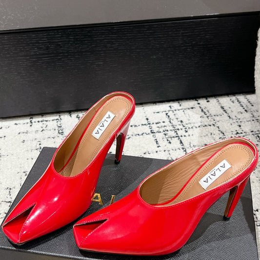 Alaia 25 Spike High Heel Mules Red Lampskin 293183