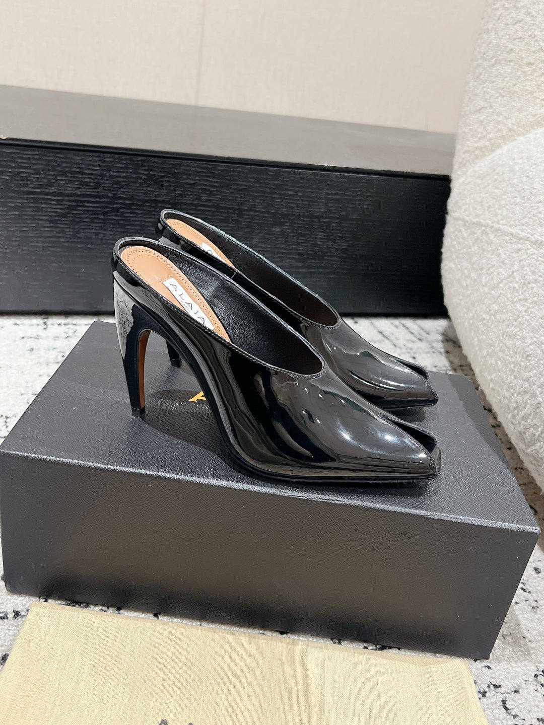 Alaia 25 Spike High Heel Mules Glossy Black Lampskin 293184