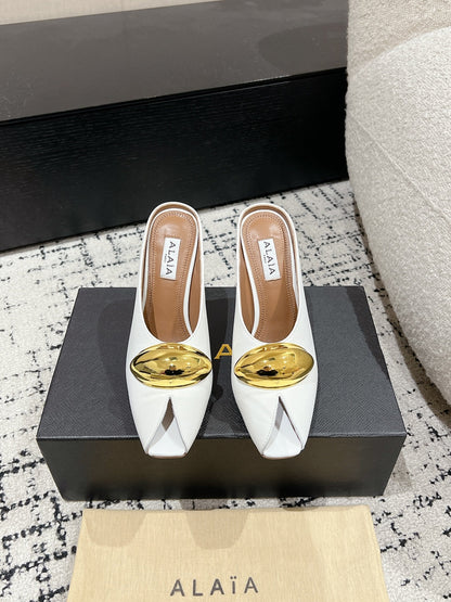 Alaia 25 Azzedine High Heels Mules With Gold Hardware White Calfskin 293186