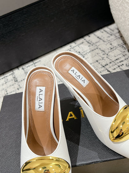 Alaia 25 Azzedine High Heels Mules With Gold Hardware White Calfskin 293186