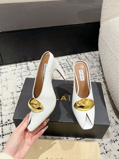Alaia 25 Azzedine High Heels Mules With Gold Hardware White Calfskin 293186