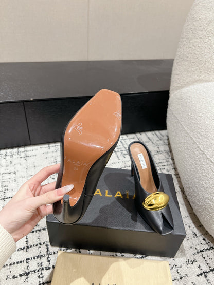 Alaia 25 Azzedine High Heels Mules With Gold Hardware Black Calfskin 293185
