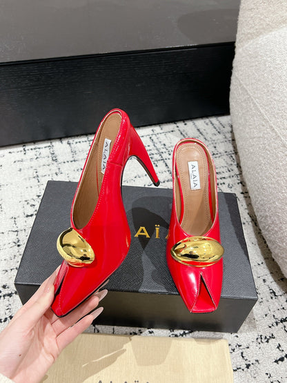 Alaia 25 Azzedine High Heels Mules With Gold Hardware Red Calfskin 293187