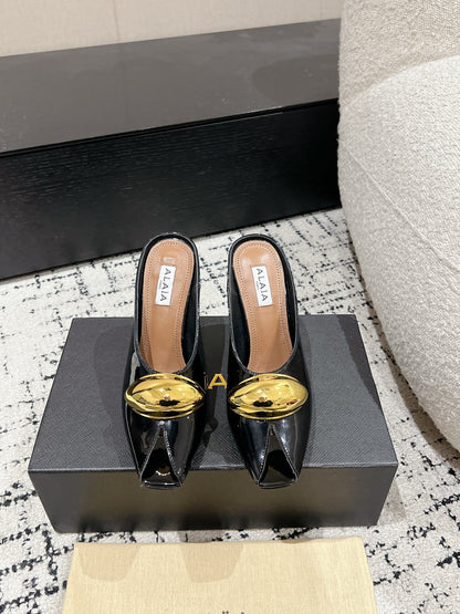 Alaia 25 Azzedine High Heels Mules With Gold Hardware Glossy Black Calfskin 293188