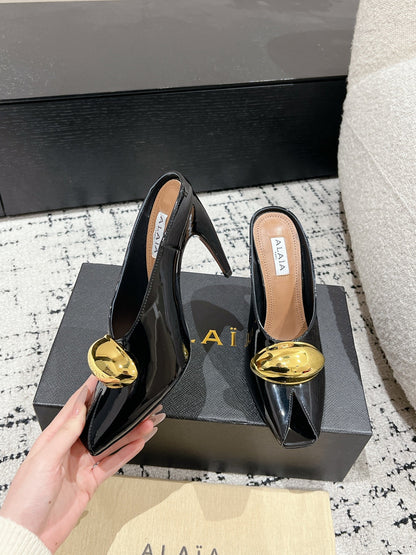 Alaia 25 Azzedine High Heels Mules With Gold Hardware Glossy Black Calfskin 293188