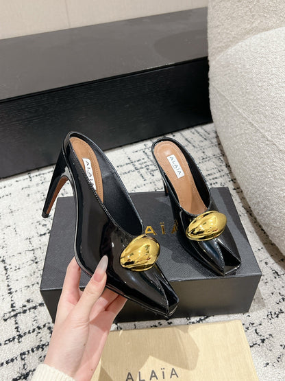Alaia 25 Azzedine High Heels Mules With Gold Hardware Glossy Black Calfskin 293188