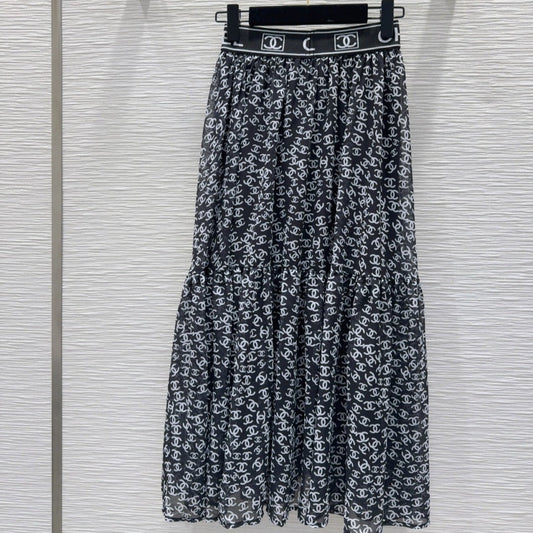 CC 2025 Double C Printed Skirt Black White Polyester Fiber