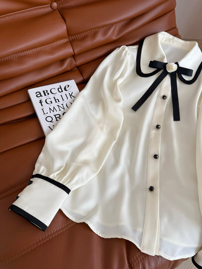 CC 25 Three-dimensional Floral Bow Shirt White Statin Fabric