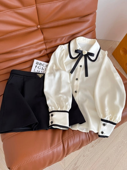 CC 25 Three-dimensional Floral Bow Shirt White Statin Fabric