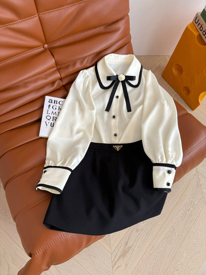 CC 25 Three-dimensional Floral Bow Shirt White Statin Fabric