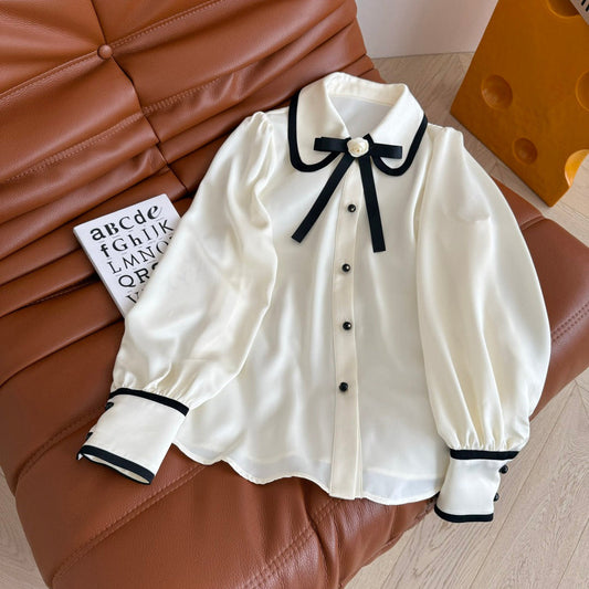 CC 25 Three-dimensional Floral Bow Shirt White Statin Fabric