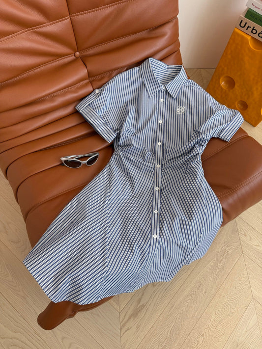 Loewe 25 Pleated Striped Dress Blue White Cotton