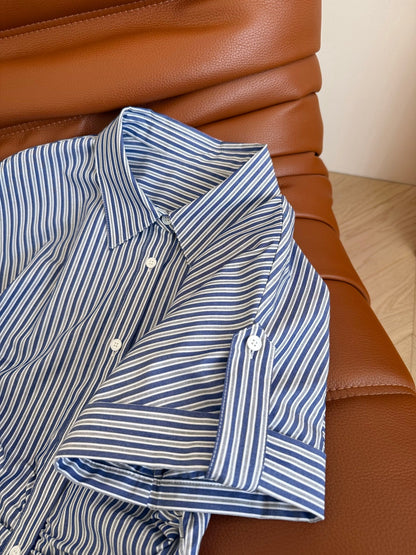 Loewe 25 Pleated Striped Dress Blue White Cotton