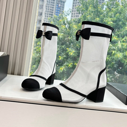 CC 25 Short Boot White Mesh Black Bow 430323