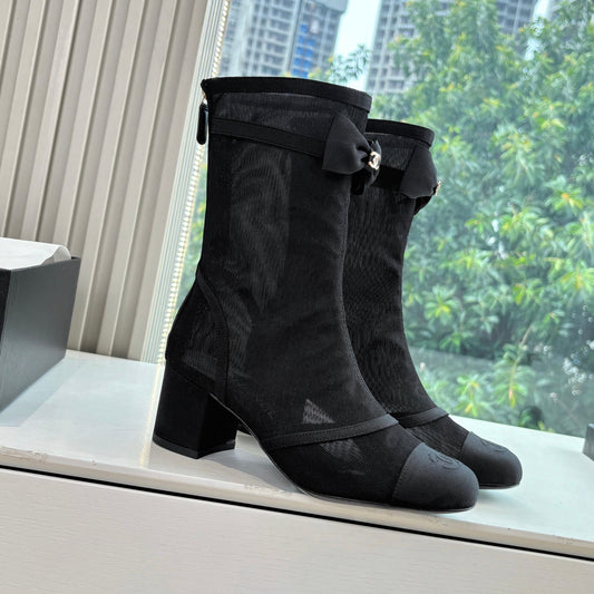 CC 25 Short Boot Black Mesh Calfskin Black Bow 430322