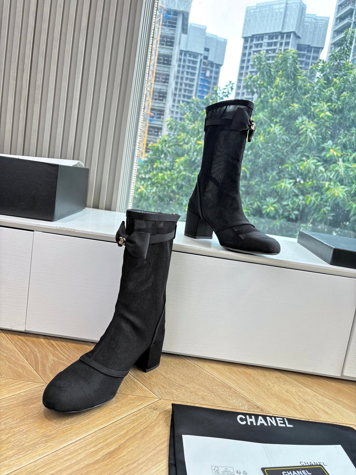 CC 25 Short Boot Black Mesh Calfskin Black Bow 430322