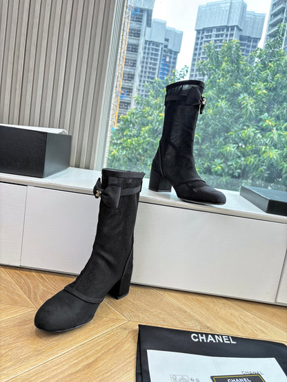 CC 25 Short Boot Black Mesh Calfskin Black Bow 430322