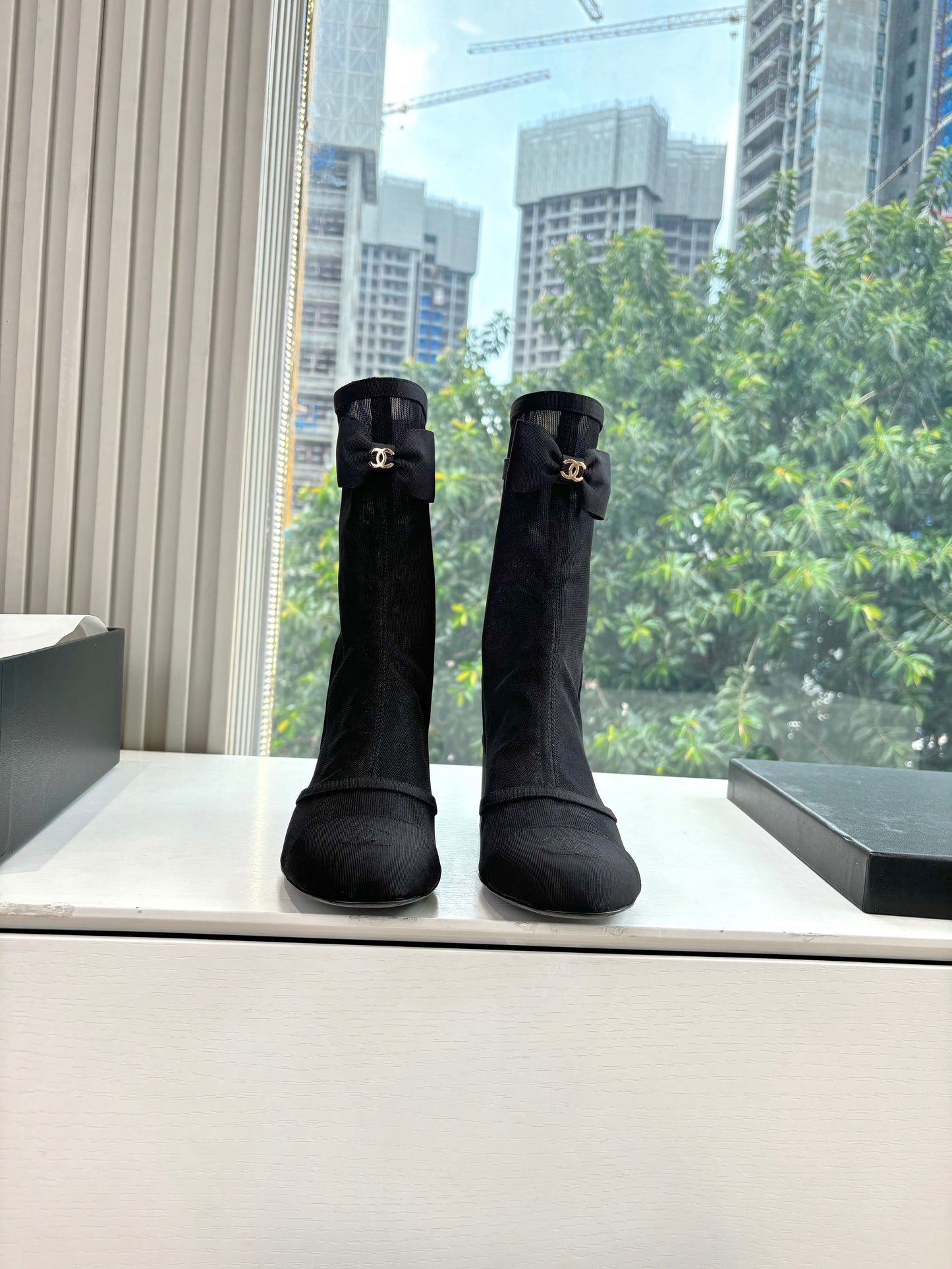 CC 25 Short Boot Black Mesh Calfskin Black Bow 430322