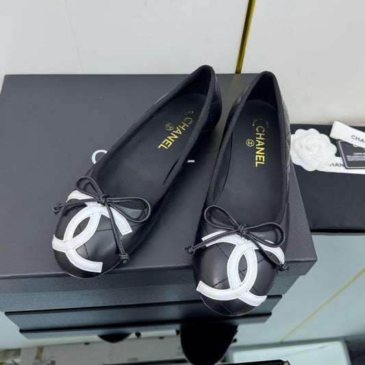 CC 25 Cambon Ballet Flat Black White Quilted Calfskin