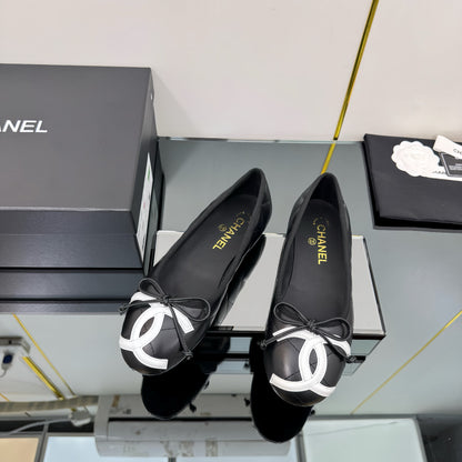 CC 25 Cambon Ballet Flat Black White Quilted Calfskin