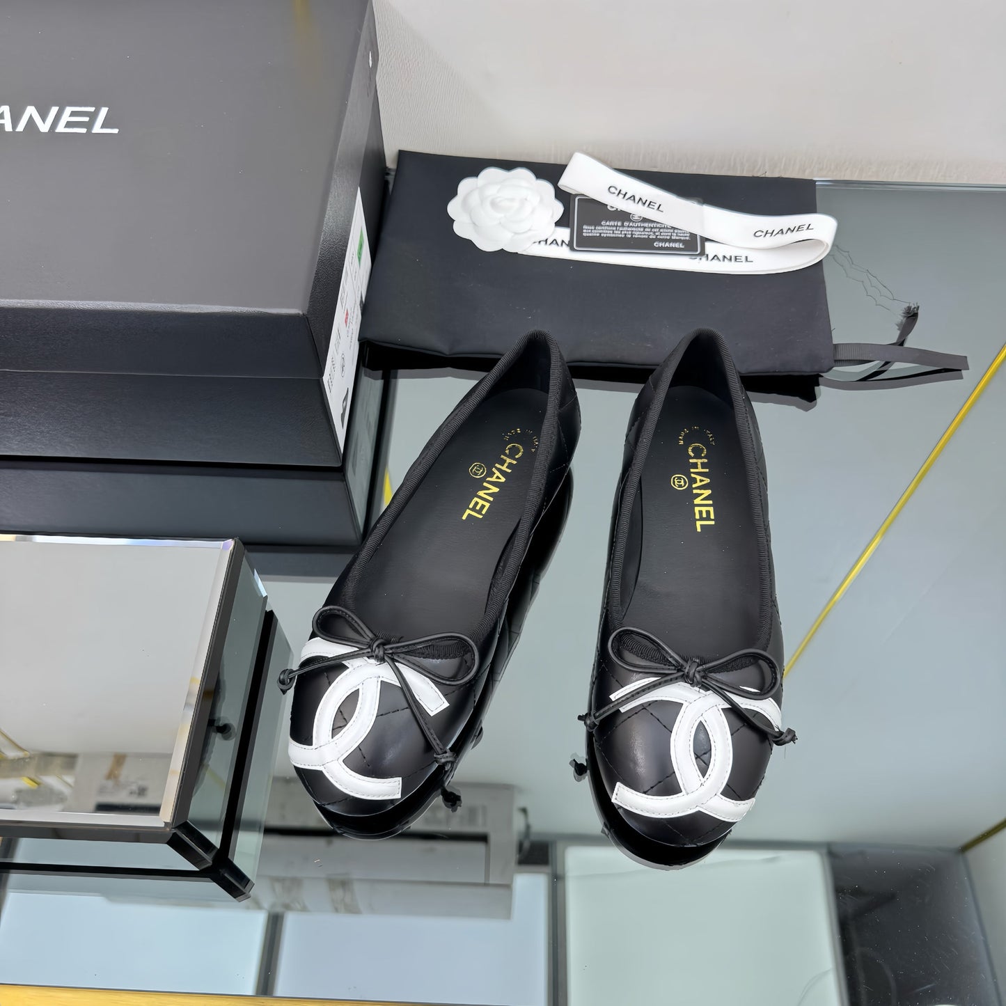 CC 25 Cambon Ballet Flat Black White Quilted Calfskin