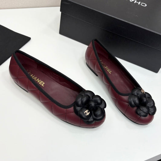 CC 25 Ballet Flat Flower Burgundy Quilted Calfskin