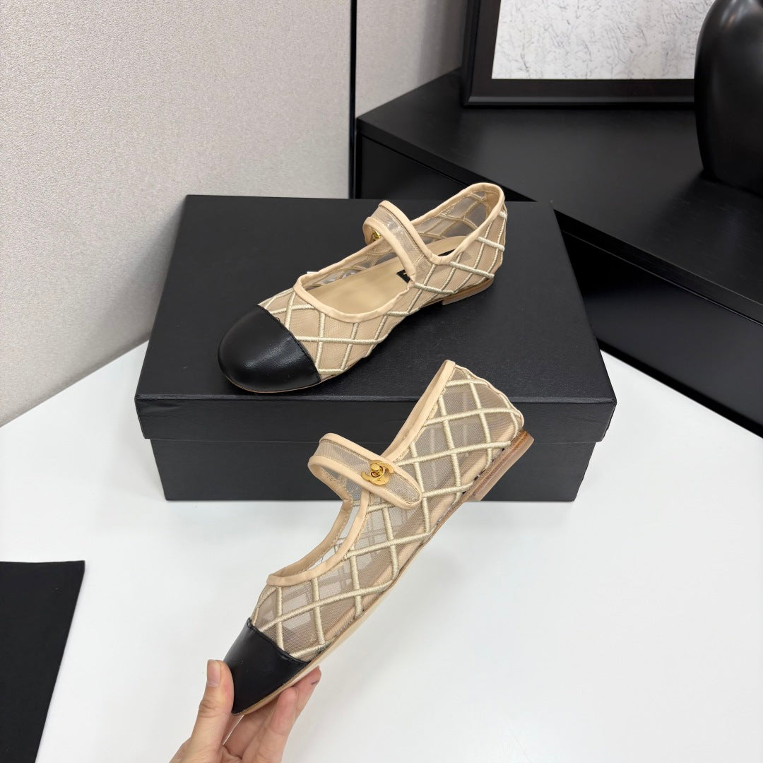 CC 25 Mary Jane Beige Mesh Black Calfskin