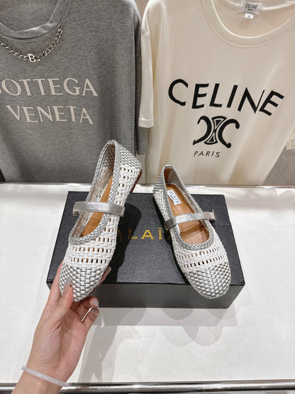 ALAIA MARY JANE FLATS white mix gray woven calfskin pattent