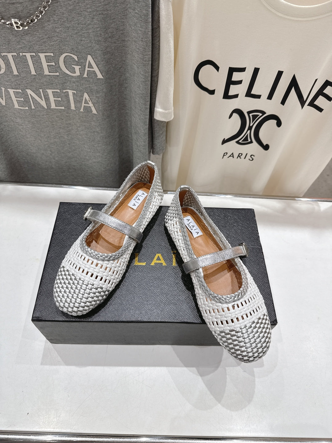ALAIA MARY JANE FLATS white mix gray woven calfskin pattent