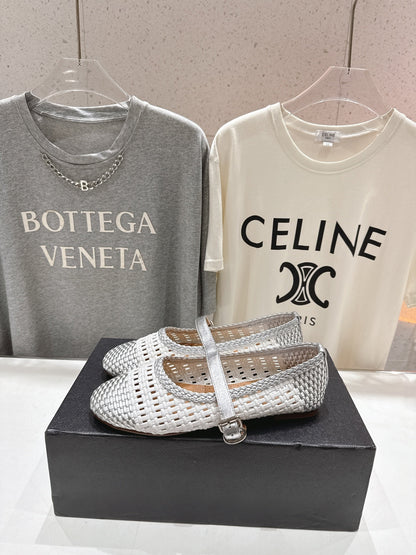 ALAIA MARY JANE FLATS white mix gray woven calfskin pattent