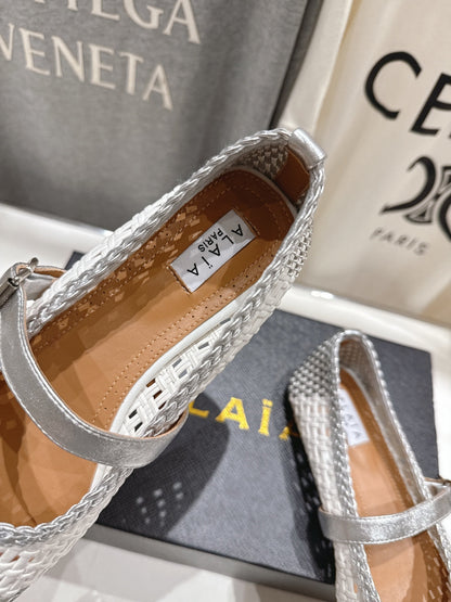 ALAIA MARY JANE FLATS white mix gray woven calfskin pattent