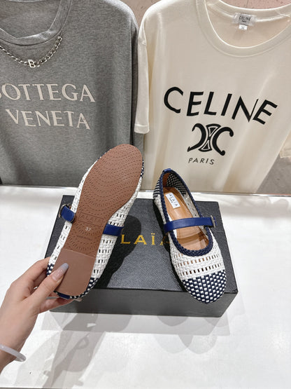 ALAIA MARY JANE FLATS white mix navy blue woven calfskin pattent