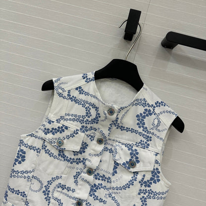 CC 25 Printed Denim Round Neck Vest Blue White Cotton