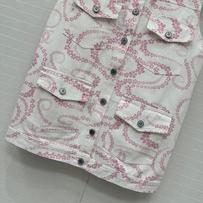 CC 25 Printed Denim Vest Jacket Pink White Cotton