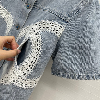 CC 25 Round Neck Short-sleeved Jacket Light Blue Denim Cotton