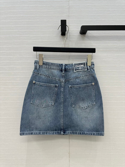 CC 25 Embroidered Short Skirt Blue Denim Cotton