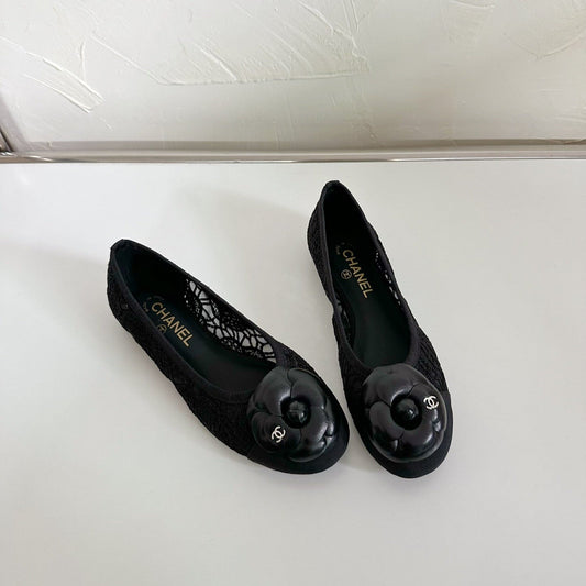 Ballet Flats Black Tweed Grosgrain Flower