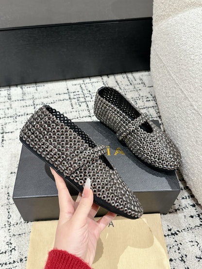Alaia 25 Embellished Mary Jane Flats Silver Suede  293180