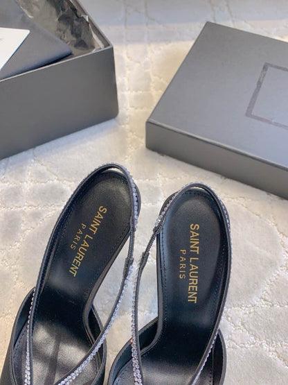 AMANDA SLINGBACK PUMPS IN BLACK SILK WITH RHINESTONES