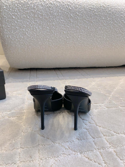 AMANDA SLINGBACK PUMPS IN BLACK SILK WITH RHINESTONES