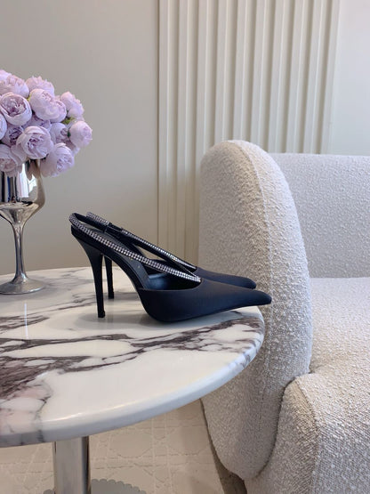 AMANDA SLINGBACK PUMPS IN BLACK SILK WITH RHINESTONES
