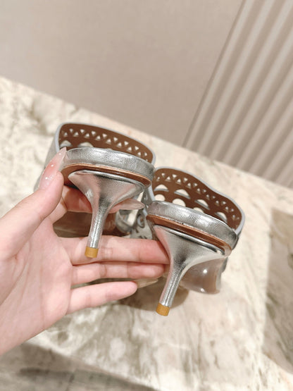 Alaia 2025 Vienne Cutout Kitten-Heel Slide Sandals Silver Leather 293647