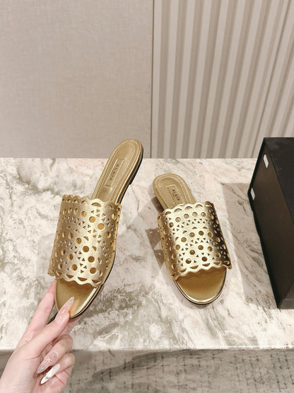Alaia 2025 Vienne Slippers Gold Lambskin 293657