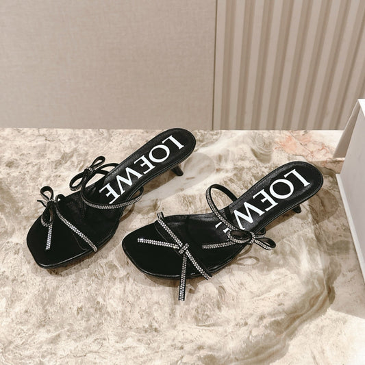 Loewe 25 Petal Bow Sandals Black Cowhide PVC
