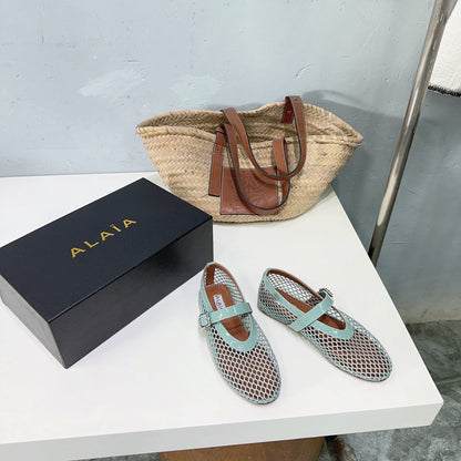 Alaia 25 Laminated Fishnet Ballet Flats Lagoon Green Lambskin 677172