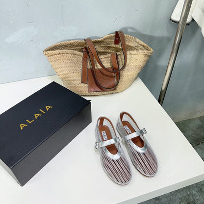 Alaia 25 Laminated Fishnet Ballet Flats Silver Lambskin 677174