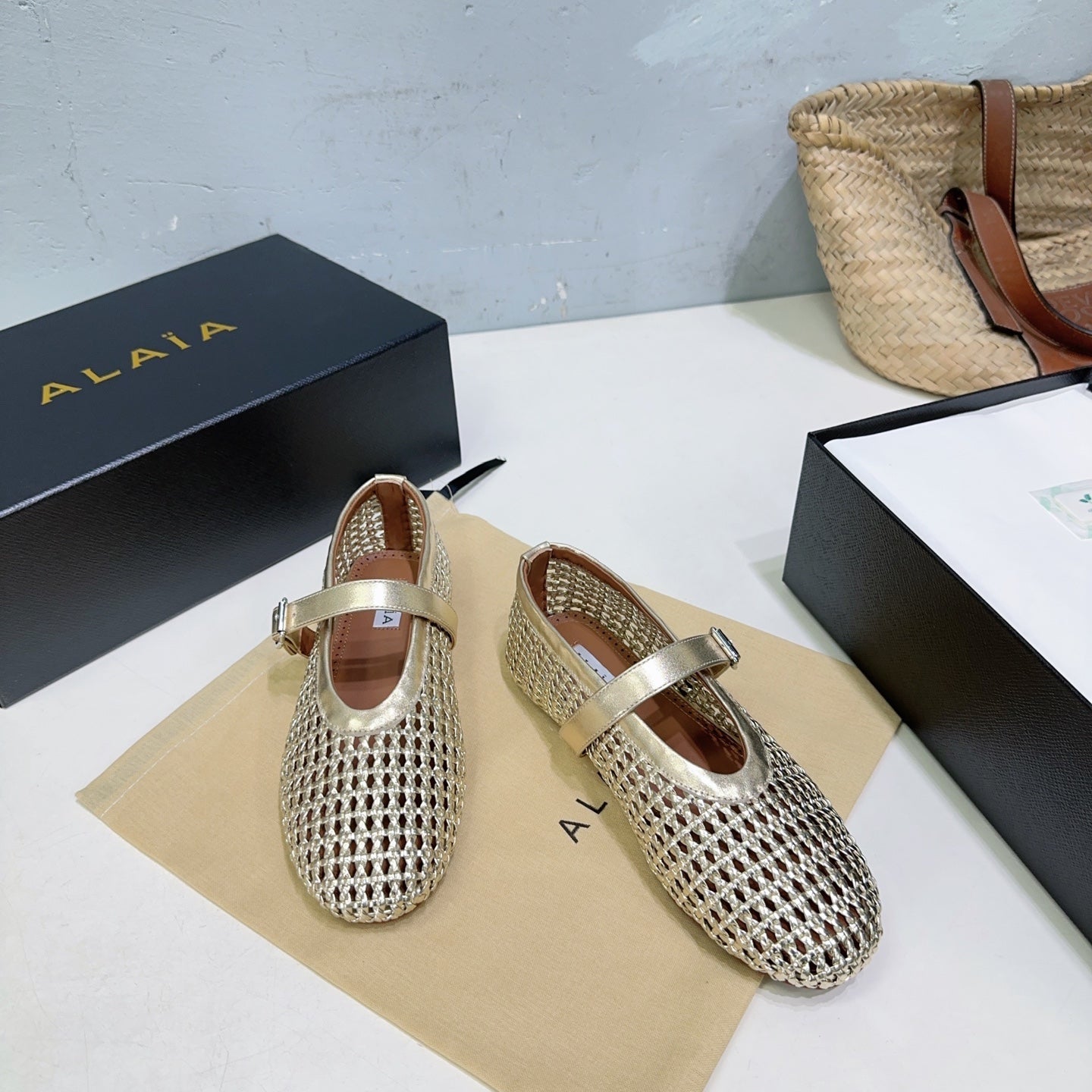 Alaia 25 Marry Janes Ballet Flats Gold Wool Sheepskin 300456